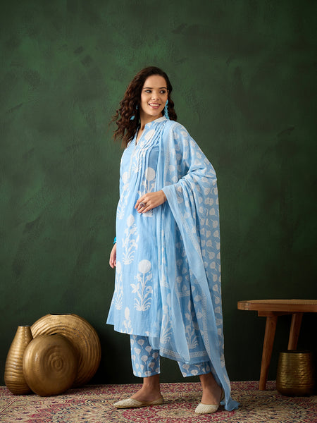Women Cotton Light Blue Printed Hand Work Yoke Staright Kurta with Printed Trouser & Dupatta