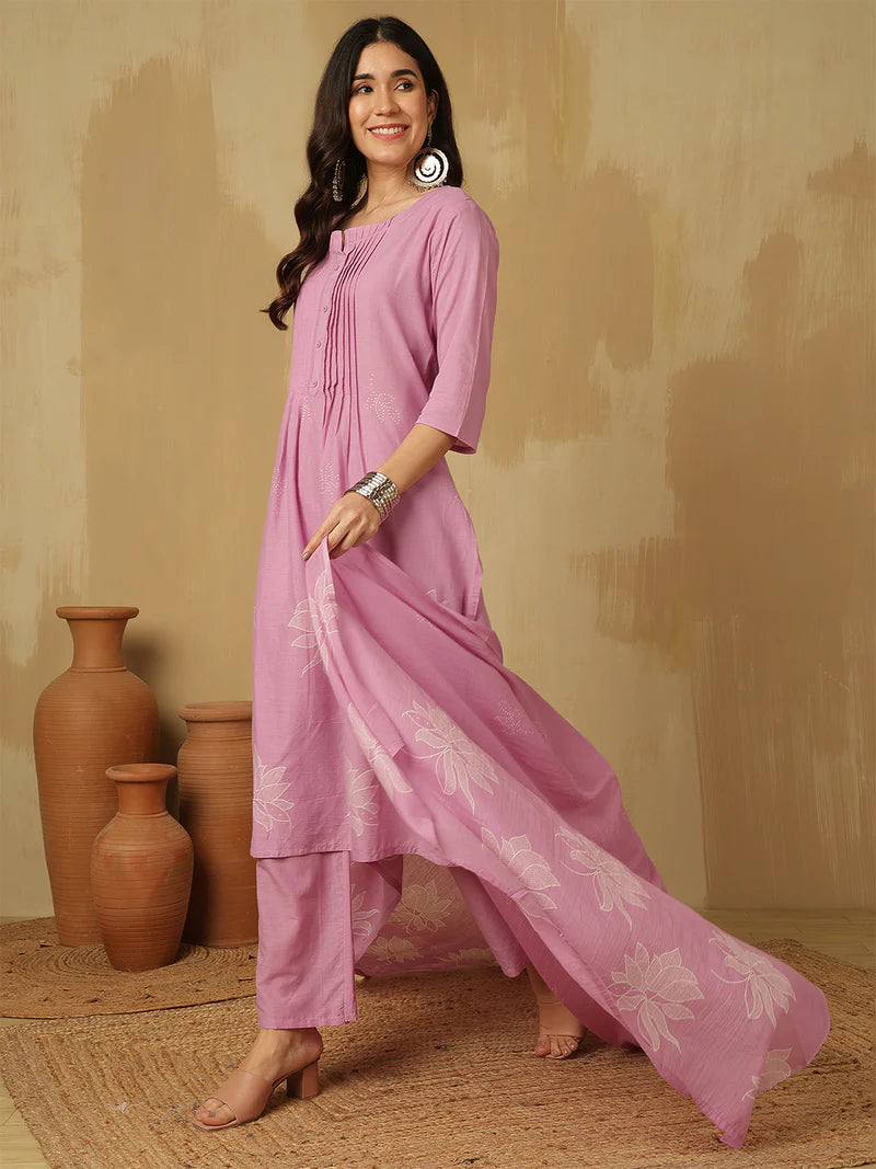 Women Cotton Discharge Printed A-line Kurta with Trouser & Dupatta