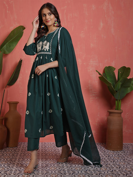 Women Cotton Teal Blue Anarkali Embroidery Kurta with Trouser & Dupatta