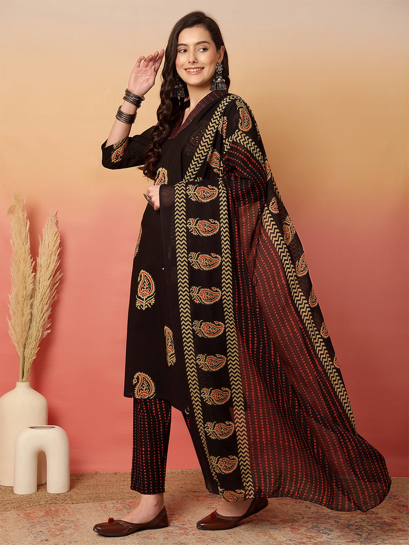 Women Brown Cotton Printed V-neck Straight Kurta with Trouser & Dupatta