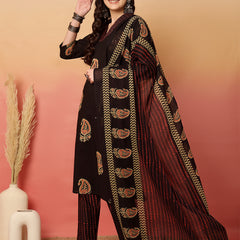 Women Brown Cotton Printed V-neck Straight Kurta with Trouser & Dupatta