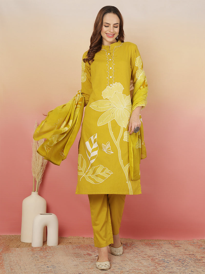 ANAISA Women Cotton Placement Print Straight Kurta with Trouser & Dupatta