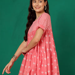 ANAISA Women Cotton Pink Printed, Round Neck, Short Sleeves, Regular Length Fit & Flare Top