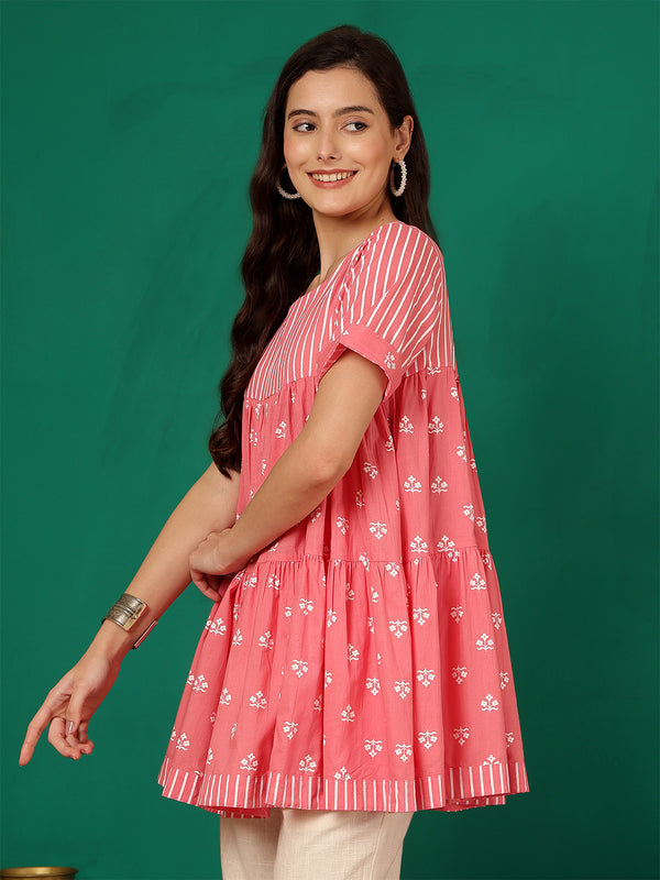 ANAISA Women Cotton Pink Printed, Round Neck, Short Sleeves, Regular Length Fit & Flare Top