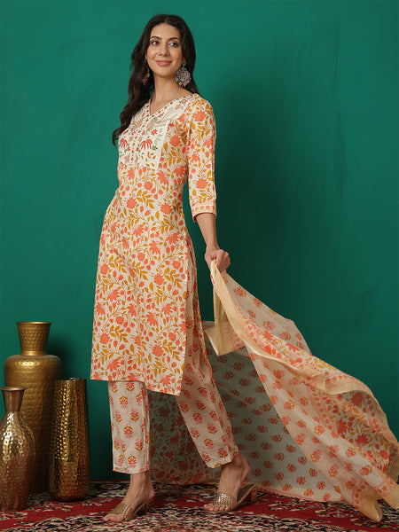 Women Orange Cotton Printed, V- Neck, 3/4 Sleeves, Calf Length Kurta with Trouser & Dupatta