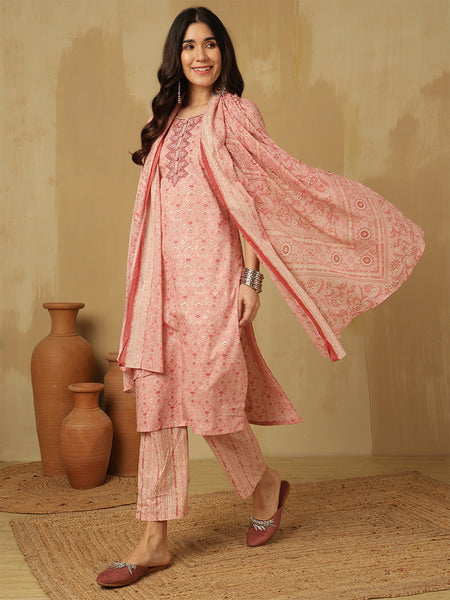 Women Pink Yoke Embroidery Printed kurta with trouser & dupatta