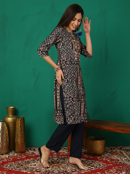 Women Navy Blue Foil Printed Kurta With Trouser