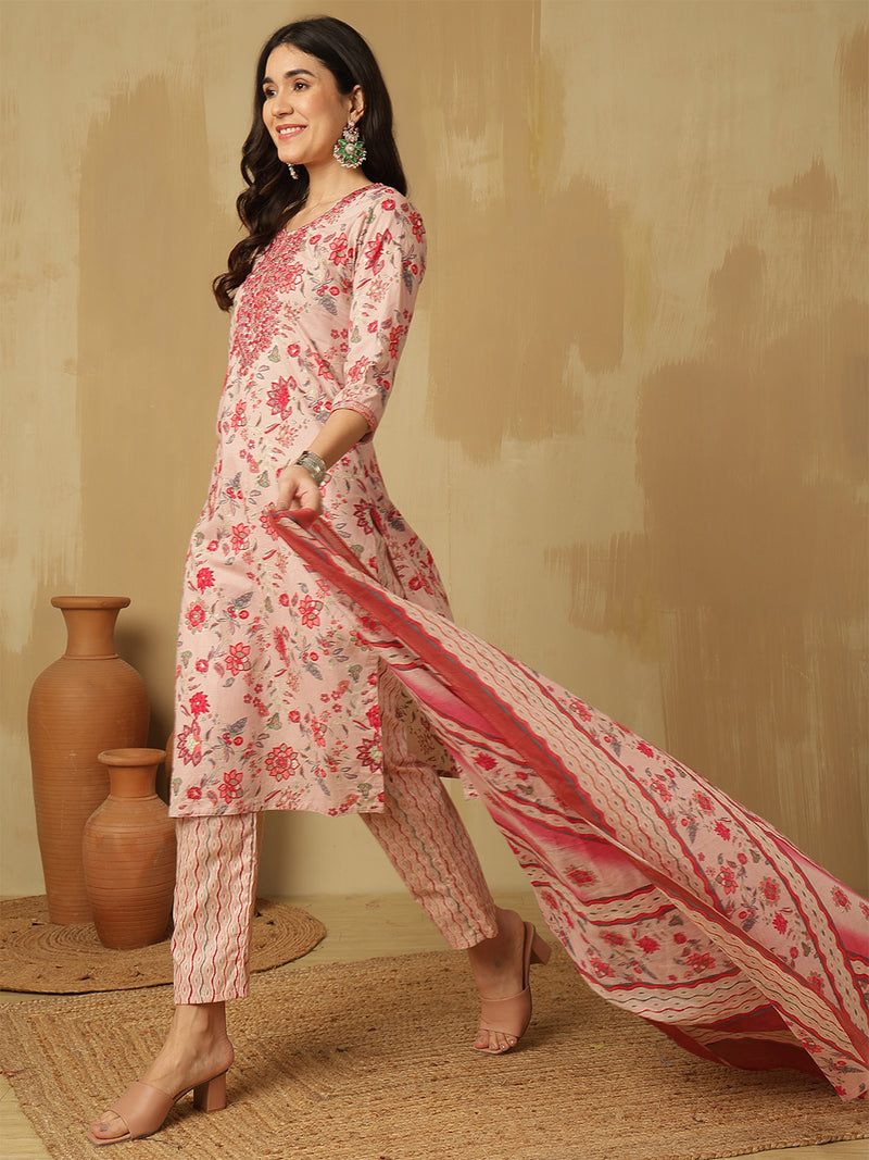 Women Pink Cotton Printed Kurta with Trouser & Dupatta