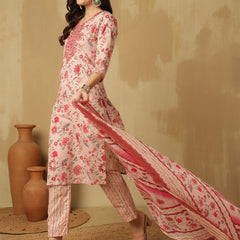 Women Pink Cotton Printed Kurta with Trouser & Dupatta