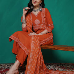 Women Cotton Bandhani Printed Kurta with Trouser & Dupatta
