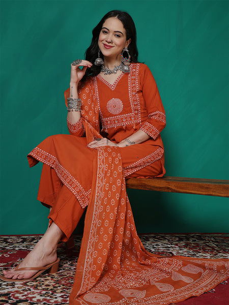 Women Cotton Bandhani Printed Kurta with Trouser & Dupatta