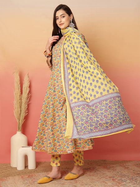 ANAISA Women Mustard Cotton Printed V-neck, Calf Length, 3/4 Sleeves, Anarkali Kurta with Pant & Dupatta
