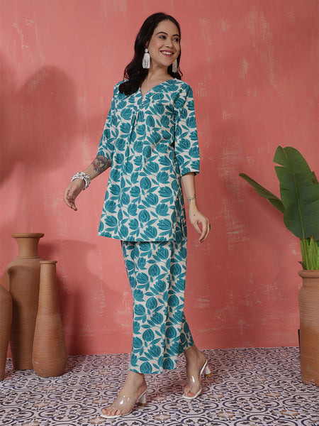 Women Blue Cotton Flex Floral Printed Top with Trouser Co-ord Set