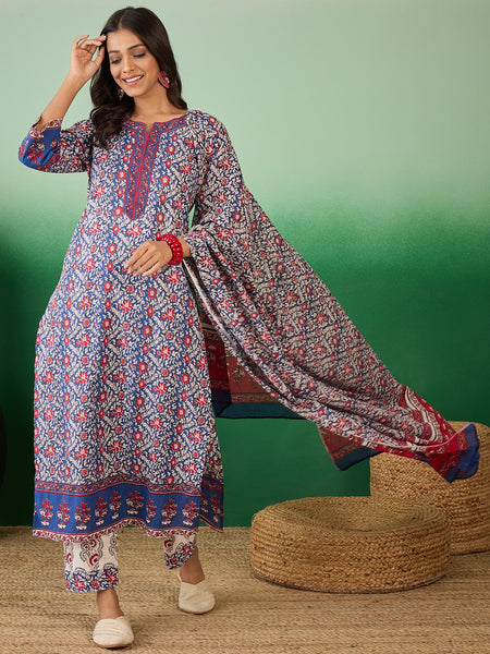 Women Cotton Blue & Red Straight Kurta with Afgani Pant & Dupatta