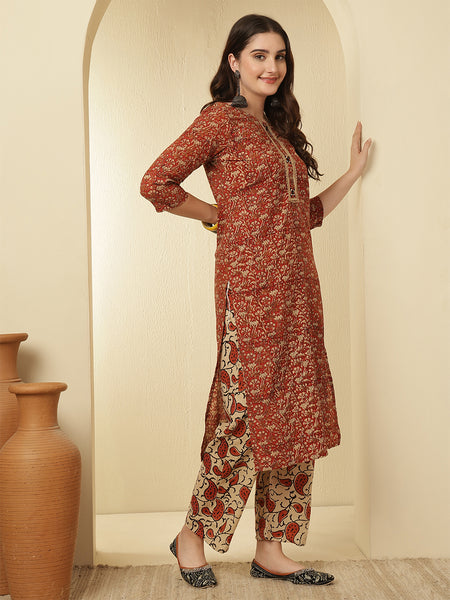 Women Viscose Rayon Straight Maroon Kurta with Trouser