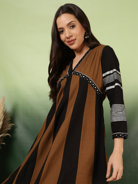 Women Cotton Brown A-line Long Dress