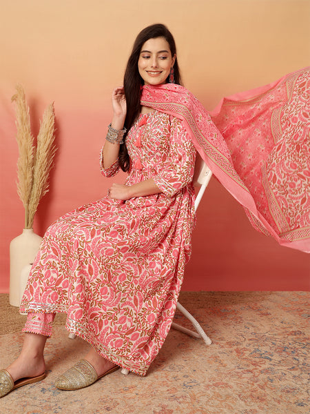ANAISA Women Cotton Printed Round Neck, Gotta Work, Anarkali Kurta with Pant & Dupatta