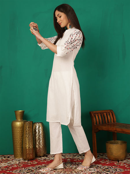 Women White Solid Embroidery Cotton Flex Kurta With Trouser