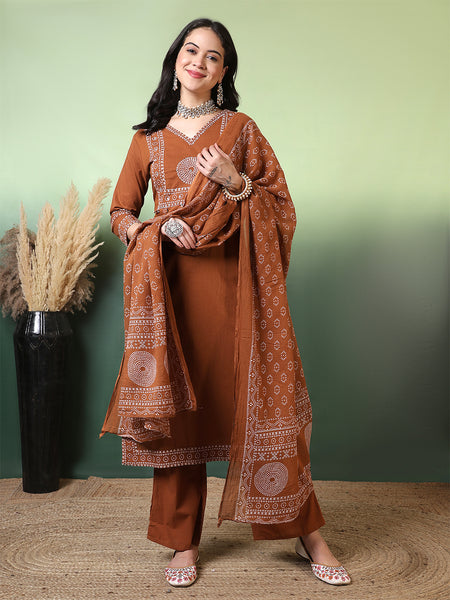 Women Brown Cotton Bandhani Printed Kurta with Trouser & Dupatta