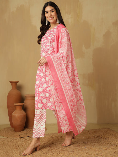 Women Pink Cotton Floral Printed Kurta with Trouser & Dupatta