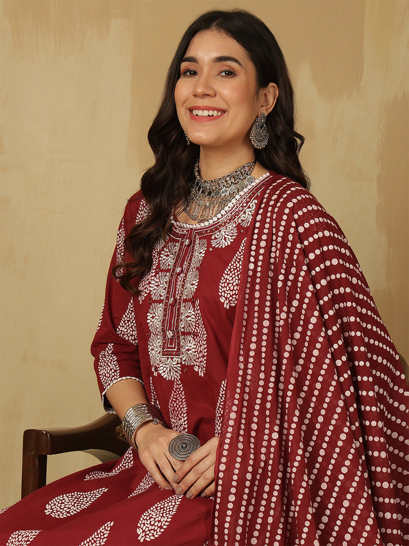 Women Wine Regular Wear Kurta With Trouser & Dupatta