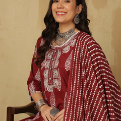 Women Wine Regular Wear Kurta With Trouser & Dupatta