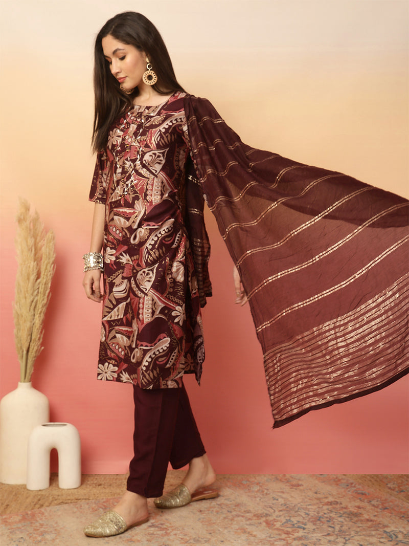 Women Wine Yoke Embroidery Kurta with Trouser & Dupatta