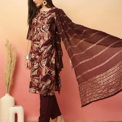 Women Wine Yoke Embroidery Kurta with Trouser & Dupatta