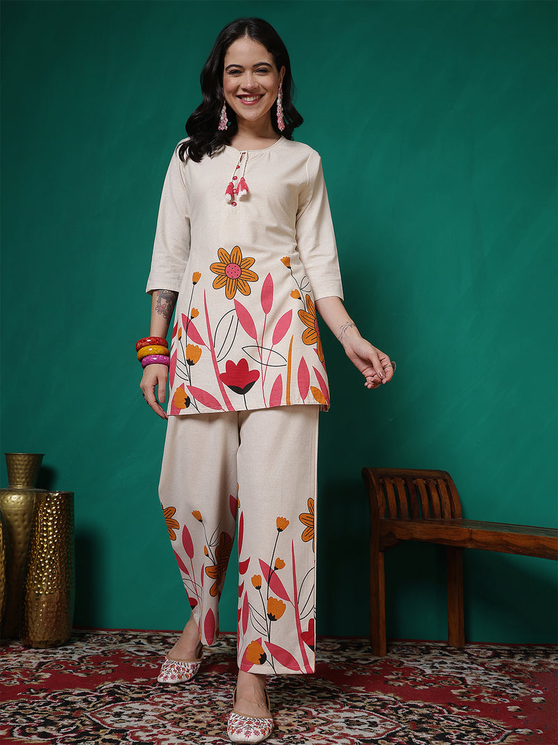 Women Cotton Flex Floral Printed Top with Trouser Co-ord Set