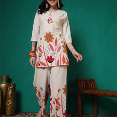 Women Cotton Flex Floral Printed Top with Trouser Co-ord Set