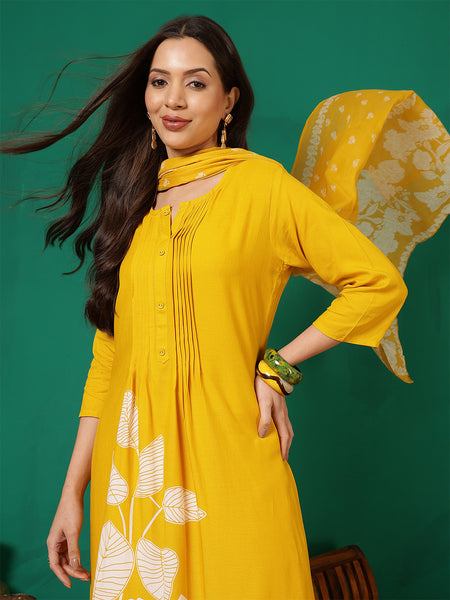 Women Mustard Discharge Printed A-line Kurta with Dupatta