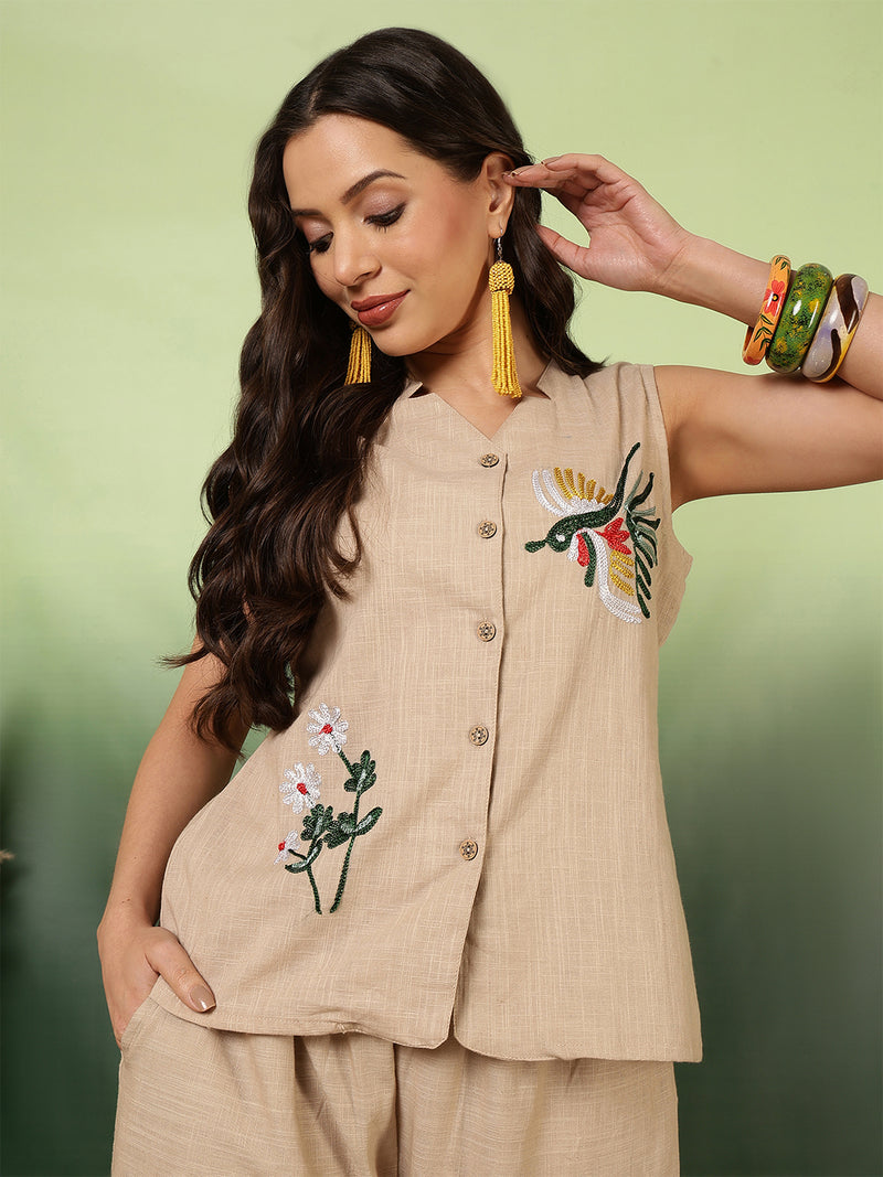 Women Cotton Beige Embroidery Top With Trouser Co-ord Set