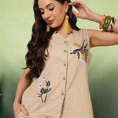 Women Cotton Beige Embroidery Top With Trouser Co-ord Set