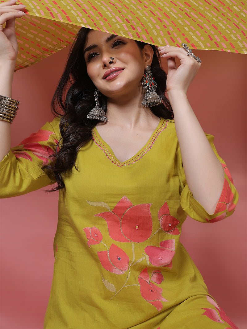 Women Coral Cotton Placement Printed Hand Work Kurta with Trouser & Dupatta