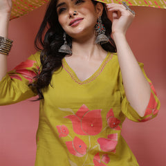 Women Coral Cotton Placement Printed Hand Work Kurta with Trouser & Dupatta