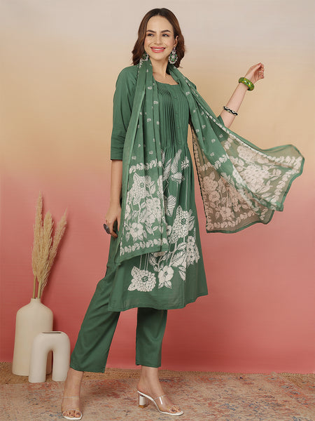 Women Green Cotton Discharge Printed A-line Kurta With Dupatta