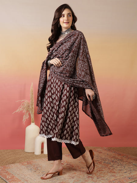 Women Brown Discharge Print Anarkali Kurta With Trouser & Dupatta