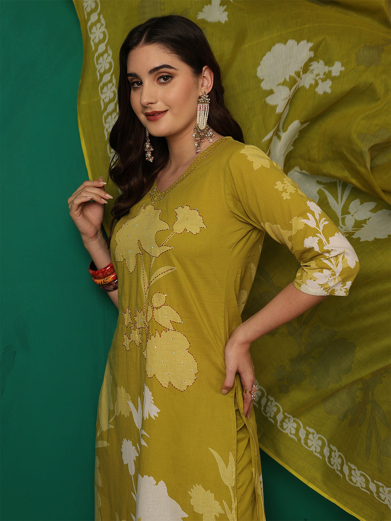 Women Cotton Printed Patch Work Kurta with Trouser & Dupatta
