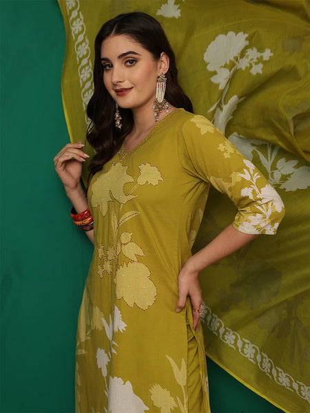Women Cotton Printed Patch Work Kurta with Trouser & Dupatta