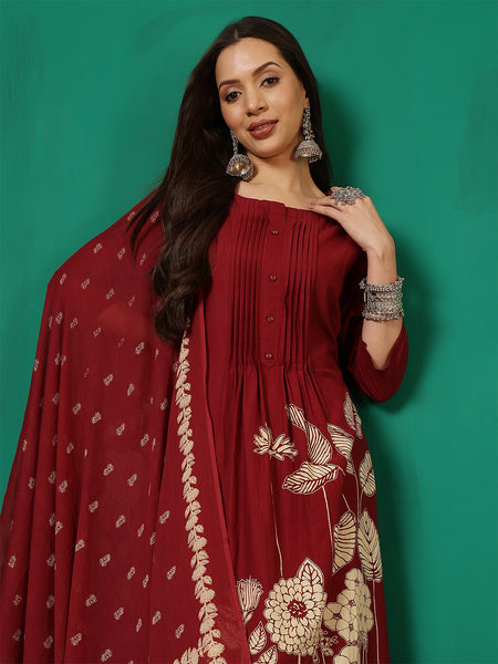Women Cotton Discharge Printed A-line Kurta with Dupatta