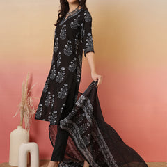 Women Black Cotton Yoke Design Kurta With Trouser & Dupatta