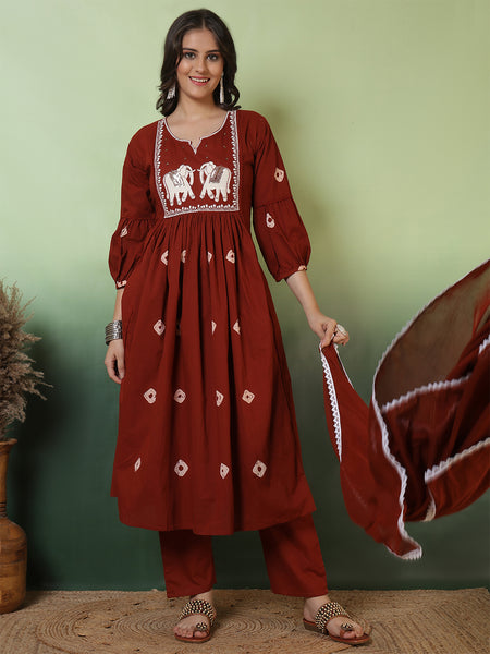 Women Cotton Rust Anarkali Embroidery Kurta with Trouser & Dupatta
