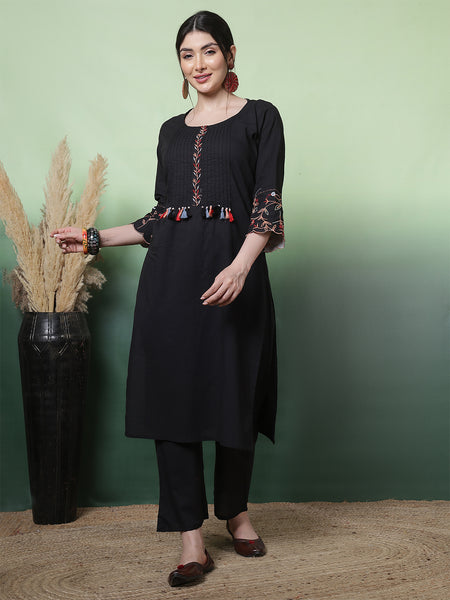 Women Black Solid Embroidery Cotton Kurta with Trouser