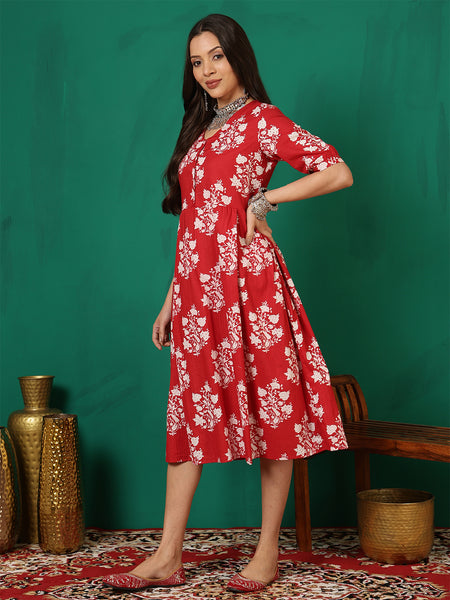 Women Cotton Red Printed Summer Dress