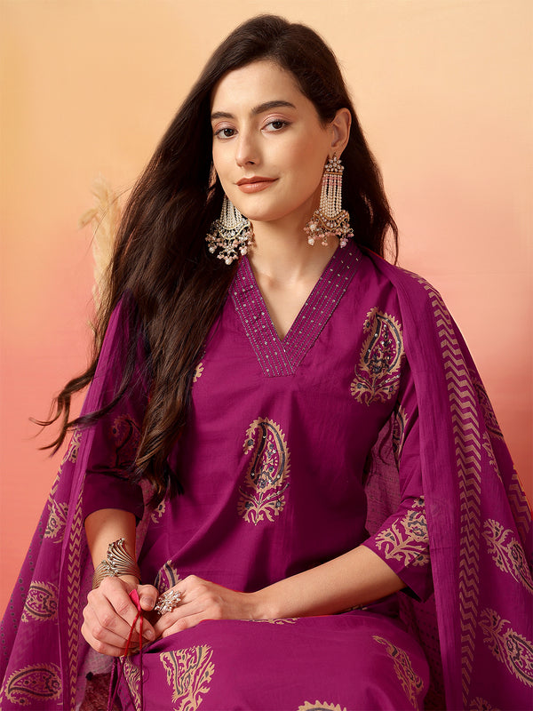 Women Pink Cotton Printed V-neck Straight Kurta with Trouser & Dupatta