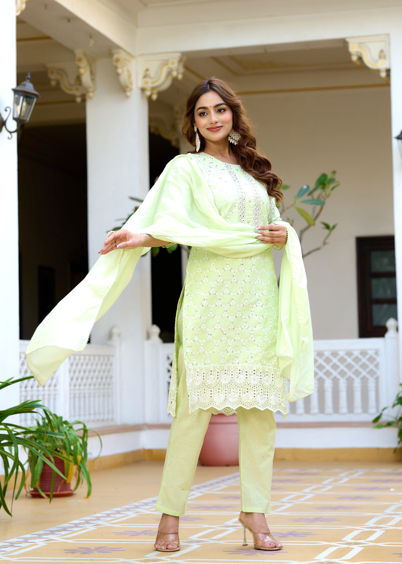 ANAISA Women cotton Schiffli embroidered Kurta with Trouser & Dupatta