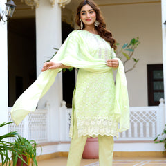 ANAISA Women cotton Schiffli embroidered Kurta with Trouser & Dupatta