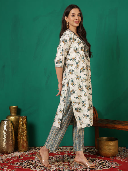 Women Green Floral Printed Yoke Embroidery Kurta with Trouser & Dupatta