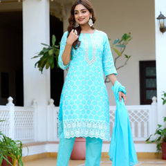 ANAISA Women cotton Schiffli embroidered Kurta with Trouser & Dupatta
