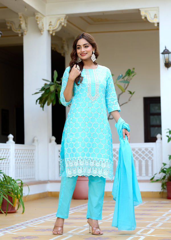ANAISA Women cotton Schiffli embroidered Kurta with Trouser & Dupatta